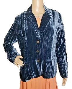 Chico's Size 2 Blazer Jacket Womens Blue Crushed Velvet Rayon Silk Button     T4 - Picture 1 of 9