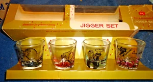 Set of 4 Bartlett Collins Jiggers Shot Glasses Comical Sports Scenes w/ Orig Box - Picture 1 of 4