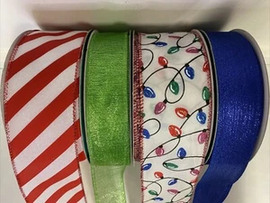 Christmas Wired Ribbon Red White Striped Green Colorful Light Bulbs Blue 4 Rolls - Picture 1 of 9