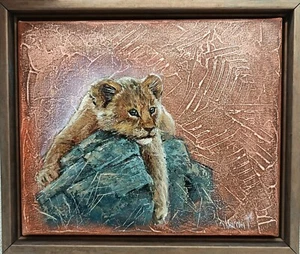 original oil painting Lion cub animals artwork wild cat canvas small wall art - Picture 1 of 14