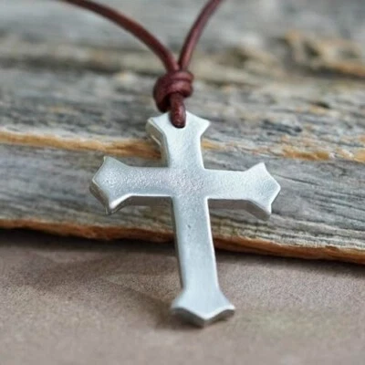 Mens Cross Necklace Pewter Cross Pendant Leather Cord Handmade by Zulasurfing - Image 1 of 4
