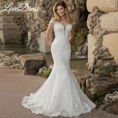 Beach Mermaid Lace Up Wedding Dress Off Shoulder Sexy Lace Applique Bride Gown - Image 1 of 4