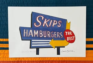 Skips Hamburger Restaurant Road Sign, Merrimack Mass Poster Signed by NH Artist - Picture 1 of 8