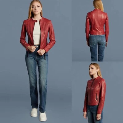 Chaqueta de moto recortada de cuero Valeria roja rubí Bod & Christensen Wm XS manga con cremallera Foto 1 de 4