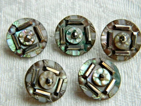 Antique Vintage Matching MOP Abalone Pearl Button Lot 5 with Cut Steel Bars 5/8" Cover