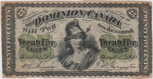 1870 25 Cents Dominion of Canada Shinplaster Small B VF/EF inv#2395 - Picture 1 of 2