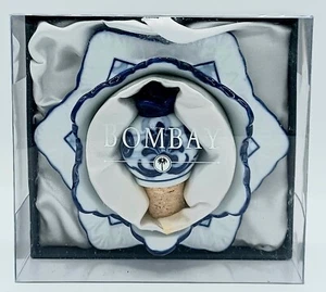 Bombay Blue And White Ceramic Wine Bottle Coaster / Holder And Stopper New - Picture 1 of 4