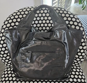 MAXX New York Black Patent Finish Beach Tote Bag Zebra Interior Lightweight GUC! - Picture 1 of 8