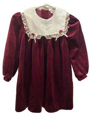 Girls Sz 6 Velvet Velour Dark Red Dress Big Collar Lace Edge Vtg New - Image 1 of 4