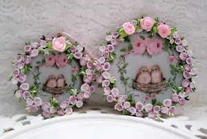 wood slice decoupage bird wreath ornament set (2) ornate unique handmade decor - Picture 1 of 8