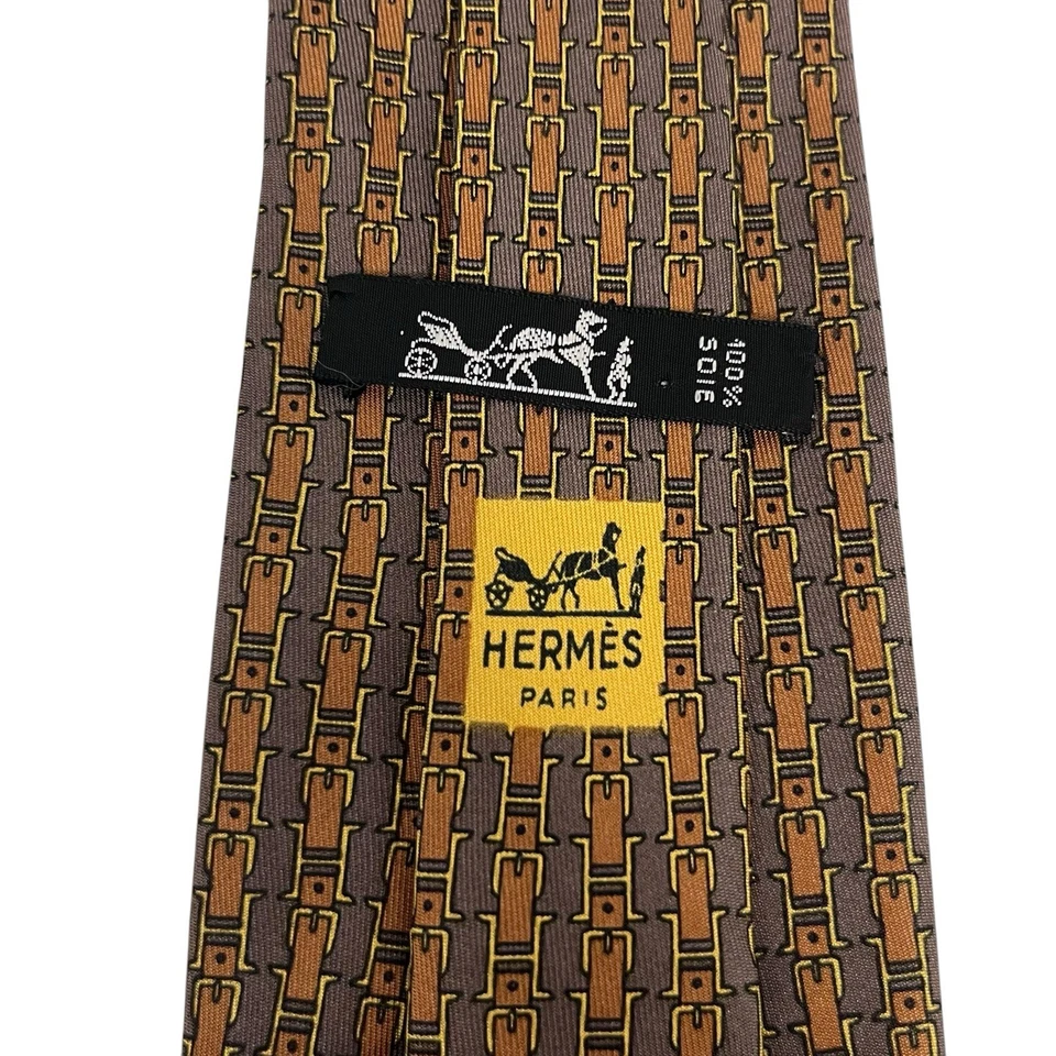 Hermes Hombre Corbata Ecuestre Cinturón Hebilla "H" Logo Marrón Seda 722 FA 3 1/8" x 54" Foto 1 de 4