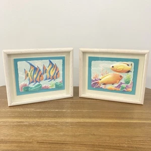Vintage Marino Lot 2 nautische Fische handgegossen Papier gerahmt Shadowbox 3D Bilder signiert - Bild 1 von 12