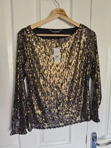 Neu mit Etikett - NEXT SCHWARZ GOLD PAILLETTEN TOP - UK-Größe 12 UVP 28 £ - Bild 1 von 3