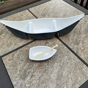 Nautica Home Canoe Boat Shaped Serving Dish Platter Dip Bowl Paddle Spoon Blue - Picture 1 of 6