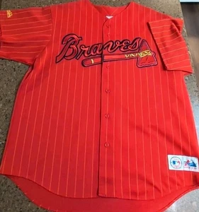 Vintage Majestic Atlanta Braves Red Jersey Men's XXL Yellow Pinstripe 5382C - Picture 1 of 10