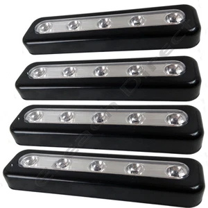 4 X BLACK SUPER BRIGHT 5 LED PUSH LIGHT STICK ON BATTERY KITCHEN SHED CUPBOARDS - Picture 1 of 1