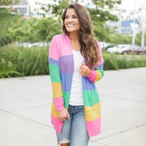 Cárdigan a Rayas Prendas para el torso Suéter Abrigo Blusa Mujeres Cálido Manga Larga Arco Iris - Imagen 1 de 6