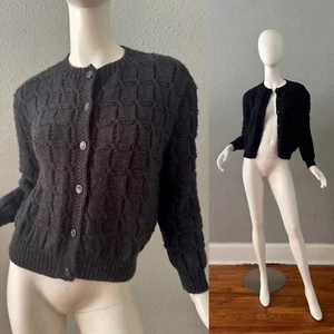 Vintage 50s 60s Black Hand Knit Rockabilly Cardigan Sweater Top M - Picture 1 of 14