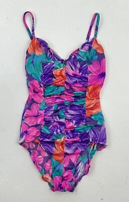 Traje de baño vintage años 80 1 pieza EE. UU. floral playa brillante neón elástico acanalado talla 10 Foto 1 de 4