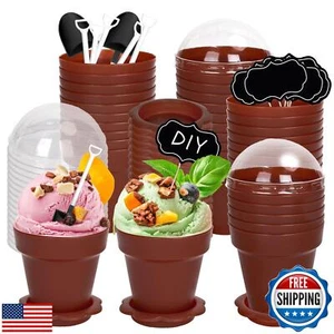 FYSUIMU 50 Pack Flowerpot Dessert Cup Brown Plastic Cake Cups with Lid Shovel - Picture 1 of 5