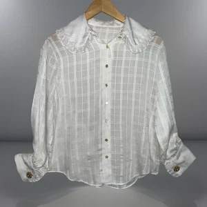 Vintage 70er weiße transparente Bluse kariert französische Manschettenärmel Rüschen breiter Kragen Gr. XS/S - Bild 1 von 15