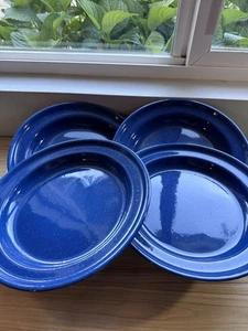 Set Of 4 Plates & 4 Bowls Blue Speckled Enamelware Camping - Picture 1 of 12