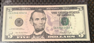 2006 Five Dollar Bill A1 Federal Reserve Note Uncirculated LOOK - Image 1 of 3