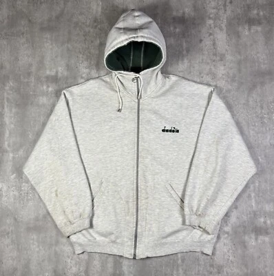 Moletom com capuz masculino vintage anos 90 Diadora zíper completo em branco tamanho XL peso pesado  - Imagem 1 de 4