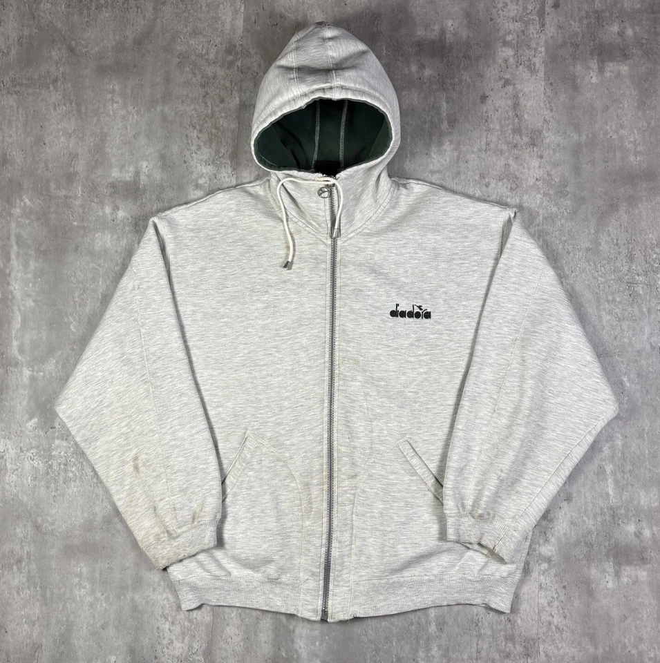 Moletom com capuz masculino vintage anos 90 Diadora zíper completo em branco tamanho XL peso pesado  - Imagem 1 de 4
