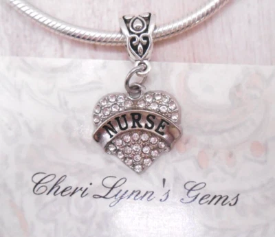 SILVER NURSE PAVE WHITE CRYSTAL HEART EUROPEAN BRACELET CHARM BEAD & POUCH! - Image 1 of 4