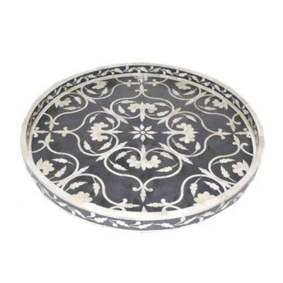 Bone Inlay Round Tray, Handmade Serving Tray Home Décor - Image 1 of 4