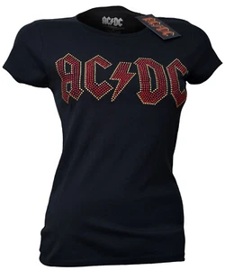 AC DC Ladies T Shirt Red Logo Diamante Official Skinny Sparkly Embellished New - Picture 1 of 31