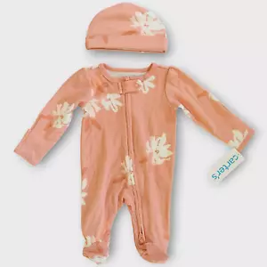 Carter's Girls 2pc Set Newborn 2 Way Zipper Footie Pajama Beanie Hat Floral - Picture 1 of 4