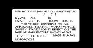 KAWASAKI H2F 750 1972 HEADTUBE TAG / REPRO DECAL - Picture 1 of 1