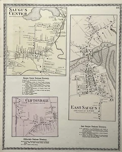 Original 1872 Map Saugus Center,Cliftondale,Not Repro,Massachusetts,MA,Mass,Old - Picture 1 of 9