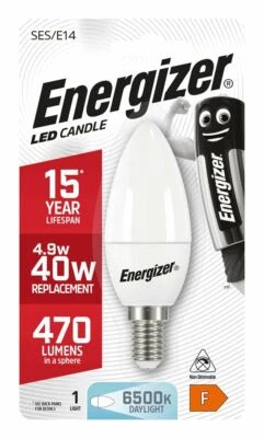 2X ENERGIZER LED CANDLE BULBS E14 (470LM) (4.9W=40W) (6,500 DAYLIGHT) S9419 - Image 1 of 2