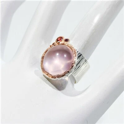 ANILLO HECHO A MANO DE PLATA 925 S RODOLITA CUARZO ROSA NATURAL ORO BLANCO Y ROSA TALLA 7,5 Foto 1 de 3