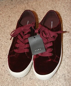 LOVELY! ZARA RED VELVET CLASSIC LACE UP SNEAKERS TENNIS SHOES SZ WOMEN'S 6.5 - Picture 1 of 11