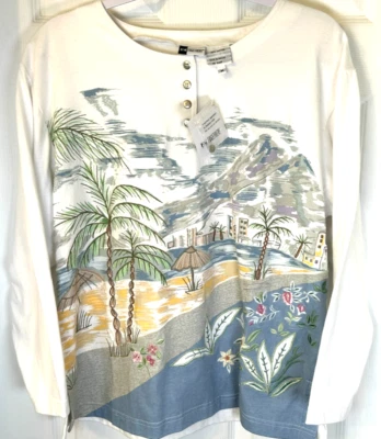 Blusa Together Talla M Blanca Bordada Palma Tropic Art Paradise Henley LS NUEVA CON ETIQUETAS Foto 1 de 4