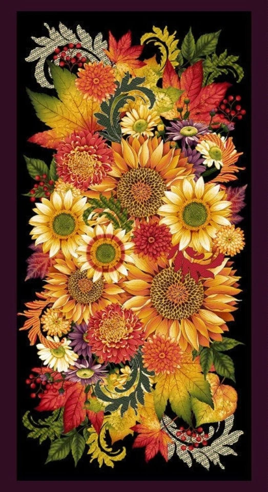 Tela Girasol Otoño Floreciente Hojas Florales Bayas Algodón StudioE Panel 24" Foto 1 de 1