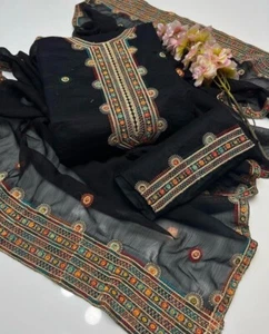 “EID SPECIAL” HEAVY EMB BALOCHI/AFGHAN 3Pcs CAMBRIC WORK SUIT. UNSTITCHED. BLACK - Picture 1 of 6