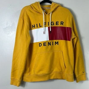 Tommy Hilfiger Denim Yellow Brooks Logo Print Fleece Pullover Hoodie Men’s XL - Picture 1 of 11