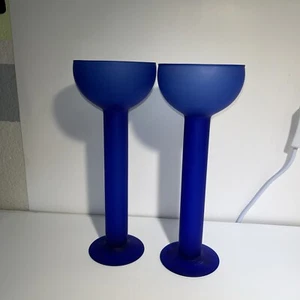 Pair Of Satin Frosted Cobalt Candlesticks 10 1/4” Tall X 3 3/4” Wide. - Picture 1 of 11