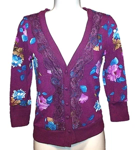 Nordstrom JUST GiNGER romantic purple floral print lace cardigan sweater Jr S - Picture 1 of 8