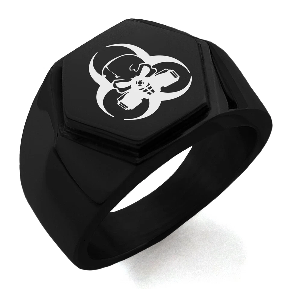 Anillo de sello con escudo hexagonal símbolo de calavera de riesgo biológico de acero inoxidable para hombre Foto 1 de 1