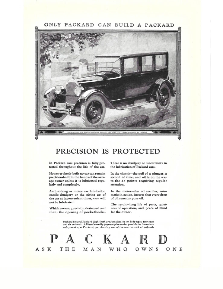 Automóvil Packard 1925 pregunta al hombre que posee un anuncio impreso vintage Foto 1 de 1