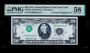 INVERTED OVERPRINT ERROR 1974$20FEDERAL RESERVE NOTE  New York 58 UNC - Picture 1 of 2