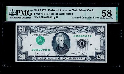 INVERTED OVERPRINT ERROR 1974$20FEDERAL RESERVE NOTE  New York 58 UNC - Image 1 of 2