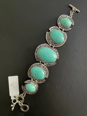 Pulsera Plata Imitación Turquesa Tono Redondo Resina 4 Piedras Estilo Étnico Indio Foto 1 de 4