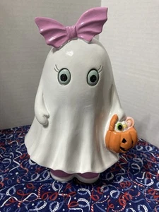 Summerween Halloween Geist rosa Schleife hält Jack o Laterne Figur Statue - Bild 1 von 5